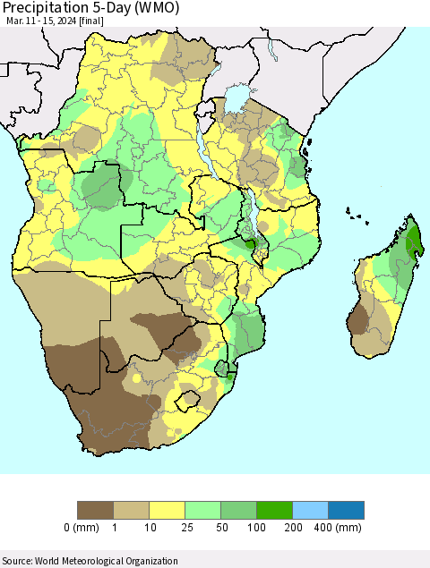 Southern Africa Precipitation 5-Day (WMO) Thematic Map For 3/11/2024 - 3/15/2024
