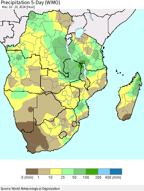 Southern Africa Precipitation 5-Day (WMO) Thematic Map For 3/16/2024 - 3/20/2024