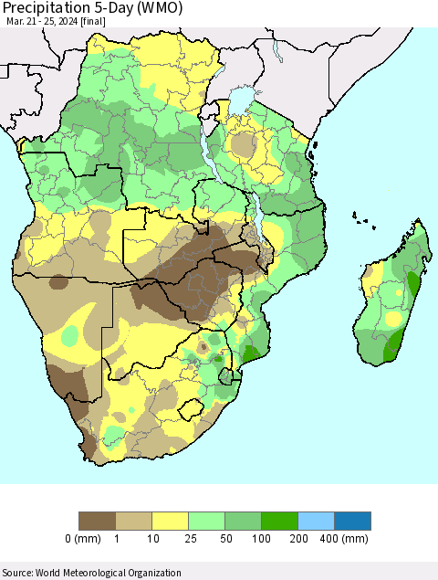 Southern Africa Precipitation 5-Day (WMO) Thematic Map For 3/21/2024 - 3/25/2024