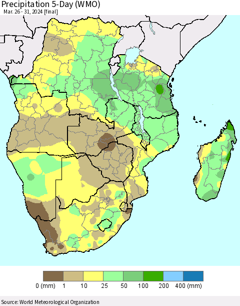 Southern Africa Precipitation 5-Day (WMO) Thematic Map For 3/26/2024 - 3/31/2024