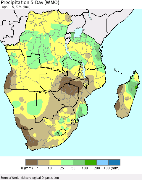 Southern Africa Precipitation 5-Day (WMO) Thematic Map For 4/1/2024 - 4/5/2024