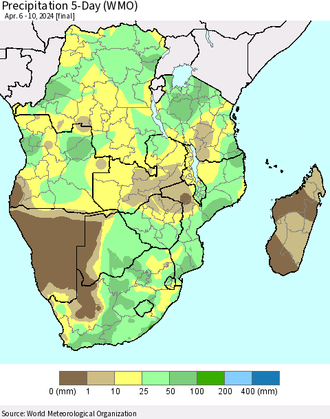 Southern Africa Precipitation 5-Day (WMO) Thematic Map For 4/6/2024 - 4/10/2024