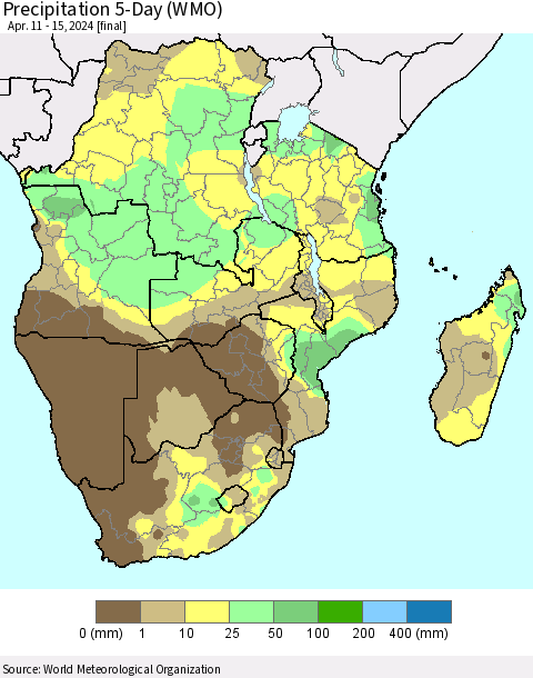 Southern Africa Precipitation 5-Day (WMO) Thematic Map For 4/11/2024 - 4/15/2024