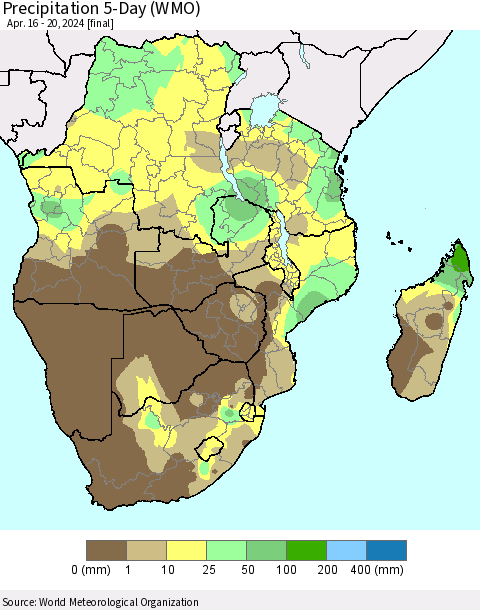 Southern Africa Precipitation 5-Day (WMO) Thematic Map For 4/16/2024 - 4/20/2024
