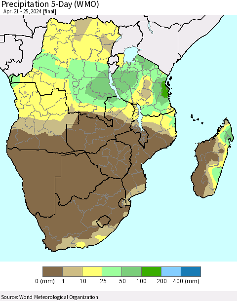 Southern Africa Precipitation 5-Day (WMO) Thematic Map For 4/21/2024 - 4/25/2024