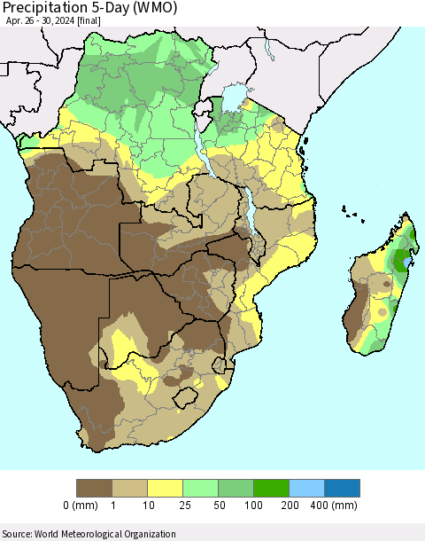 Southern Africa Precipitation 5-Day (WMO) Thematic Map For 4/26/2024 - 4/30/2024