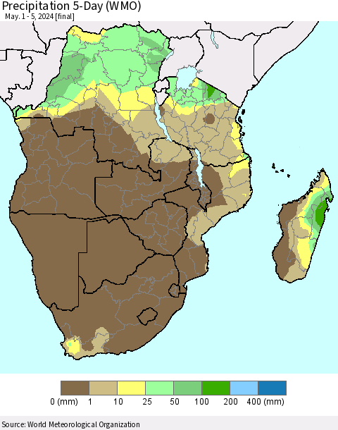 Southern Africa Precipitation 5-Day (WMO) Thematic Map For 5/1/2024 - 5/5/2024