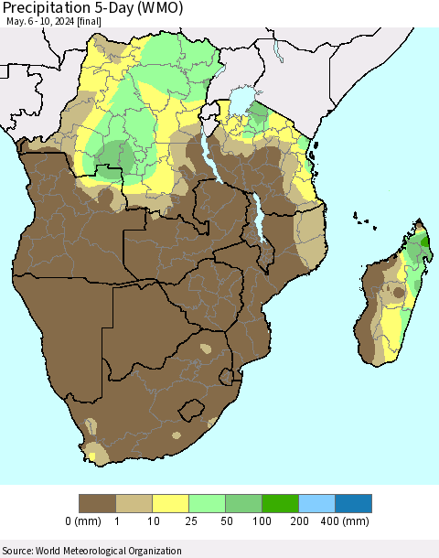 Southern Africa Precipitation 5-Day (WMO) Thematic Map For 5/6/2024 - 5/10/2024