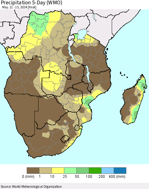 Southern Africa Precipitation 5-Day (WMO) Thematic Map For 5/11/2024 - 5/15/2024