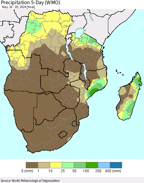 Southern Africa Precipitation 5-Day (WMO) Thematic Map For 5/16/2024 - 5/20/2024