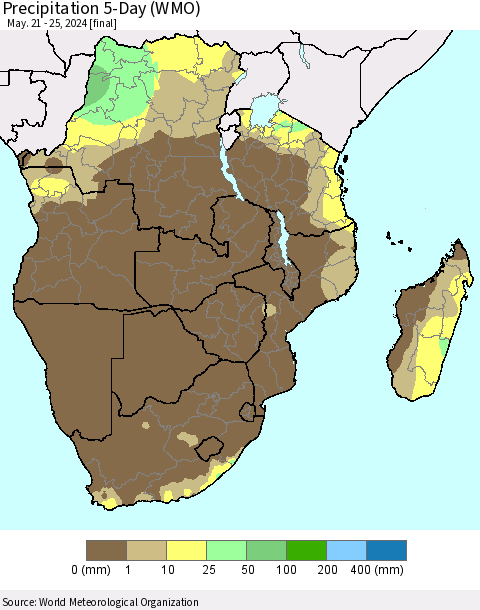 Southern Africa Precipitation 5-Day (WMO) Thematic Map For 5/21/2024 - 5/25/2024