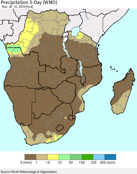 Southern Africa Precipitation 5-Day (WMO) Thematic Map For 5/26/2024 - 5/31/2024