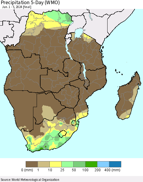 Southern Africa Precipitation 5-Day (WMO) Thematic Map For 6/1/2024 - 6/5/2024