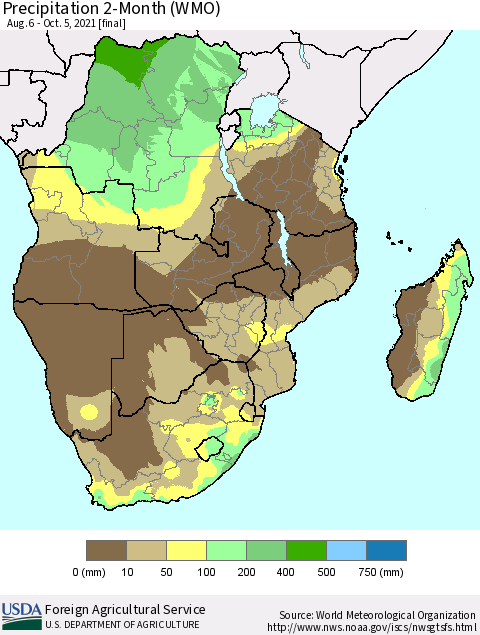 Southern Africa Precipitation 2-Month (WMO) Thematic Map For 8/6/2021 - 10/5/2021
