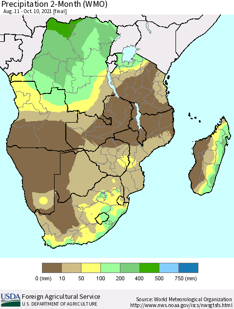 Southern Africa Precipitation 2-Month (WMO) Thematic Map For 8/11/2021 - 10/10/2021