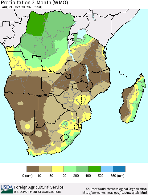Southern Africa Precipitation 2-Month (WMO) Thematic Map For 8/21/2021 - 10/20/2021
