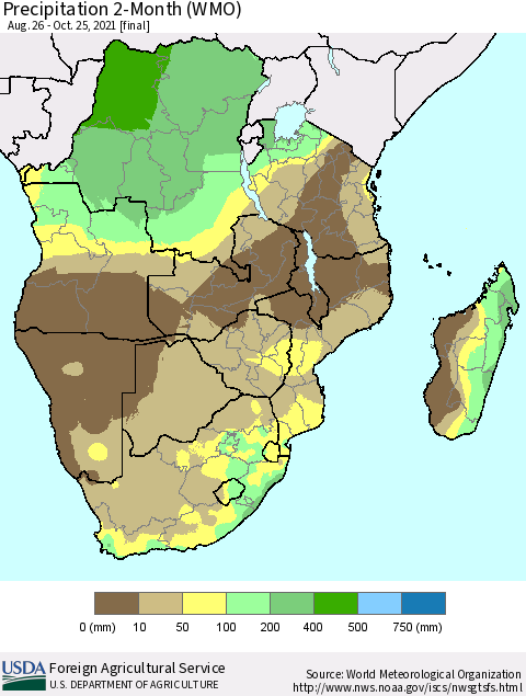 Southern Africa Precipitation 2-Month (WMO) Thematic Map For 8/26/2021 - 10/25/2021