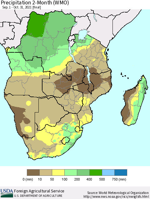 Southern Africa Precipitation 2-Month (WMO) Thematic Map For 9/1/2021 - 10/31/2021