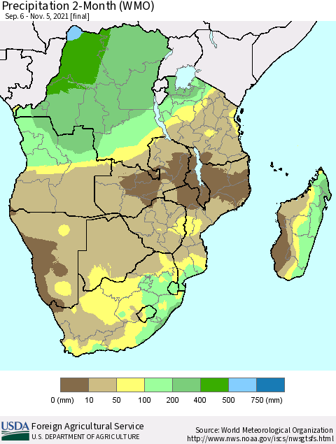 Southern Africa Precipitation 2-Month (WMO) Thematic Map For 9/6/2021 - 11/5/2021