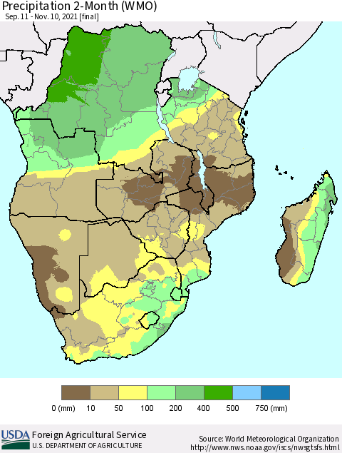 Southern Africa Precipitation 2-Month (WMO) Thematic Map For 9/11/2021 - 11/10/2021