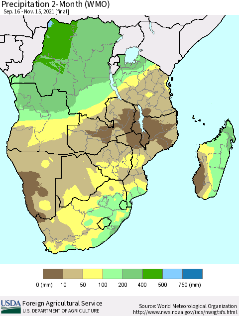 Southern Africa Precipitation 2-Month (WMO) Thematic Map For 9/16/2021 - 11/15/2021