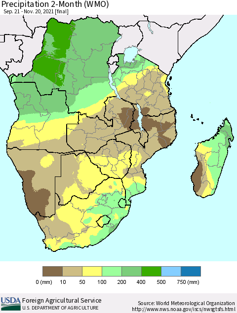 Southern Africa Precipitation 2-Month (WMO) Thematic Map For 9/21/2021 - 11/20/2021