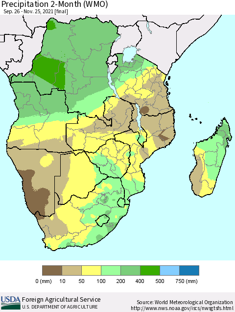 Southern Africa Precipitation 2-Month (WMO) Thematic Map For 9/26/2021 - 11/25/2021