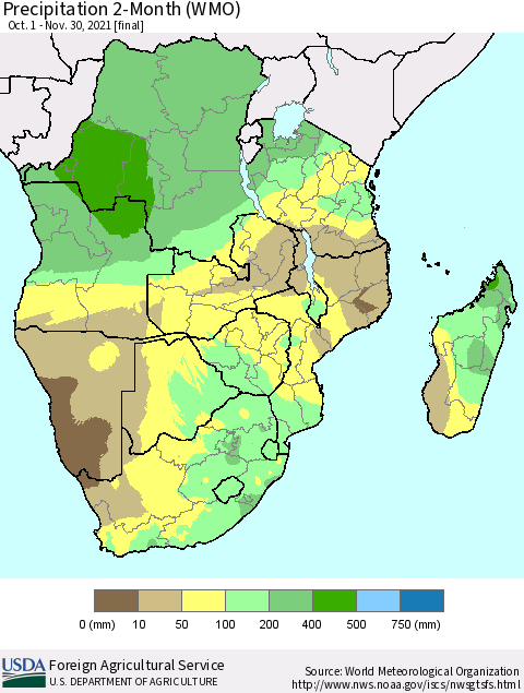 Southern Africa Precipitation 2-Month (WMO) Thematic Map For 10/1/2021 - 11/30/2021