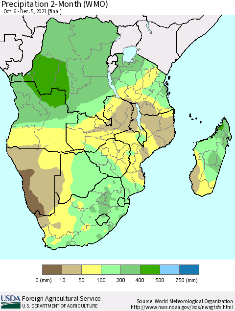 Southern Africa Precipitation 2-Month (WMO) Thematic Map For 10/6/2021 - 12/5/2021