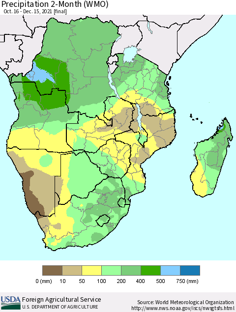 Southern Africa Precipitation 2-Month (WMO) Thematic Map For 10/16/2021 - 12/15/2021