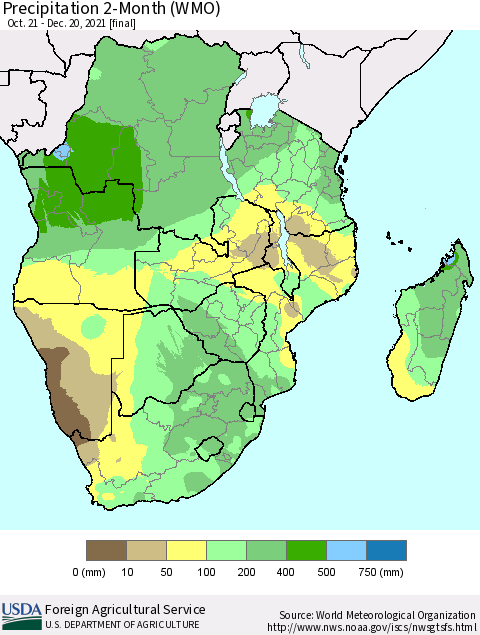 Southern Africa Precipitation 2-Month (WMO) Thematic Map For 10/21/2021 - 12/20/2021