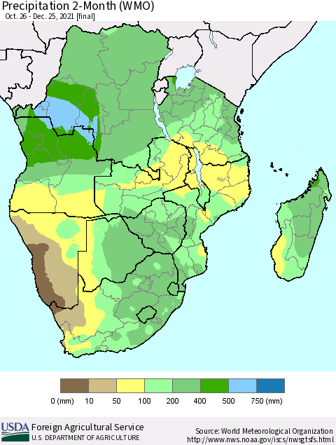 Southern Africa Precipitation 2-Month (WMO) Thematic Map For 10/26/2021 - 12/25/2021