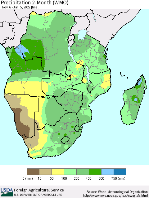 Southern Africa Precipitation 2-Month (WMO) Thematic Map For 11/6/2021 - 1/5/2022