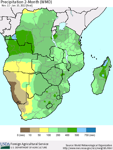 Southern Africa Precipitation 2-Month (WMO) Thematic Map For 11/11/2021 - 1/10/2022