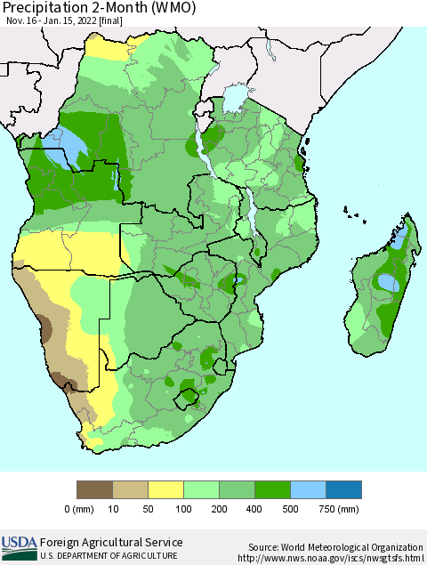 Southern Africa Precipitation 2-Month (WMO) Thematic Map For 11/16/2021 - 1/15/2022