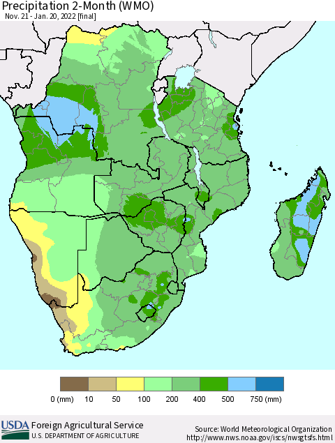Southern Africa Precipitation 2-Month (WMO) Thematic Map For 11/21/2021 - 1/20/2022