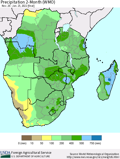Southern Africa Precipitation 2-Month (WMO) Thematic Map For 11/26/2021 - 1/25/2022