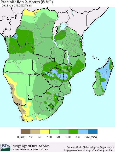 Southern Africa Precipitation 2-Month (WMO) Thematic Map For 12/1/2021 - 1/31/2022