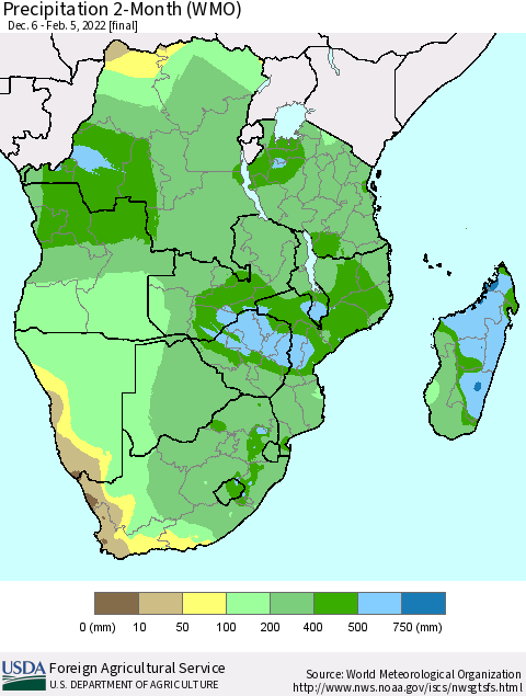 Southern Africa Precipitation 2-Month (WMO) Thematic Map For 12/6/2021 - 2/5/2022