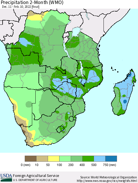 Southern Africa Precipitation 2-Month (WMO) Thematic Map For 12/11/2021 - 2/10/2022