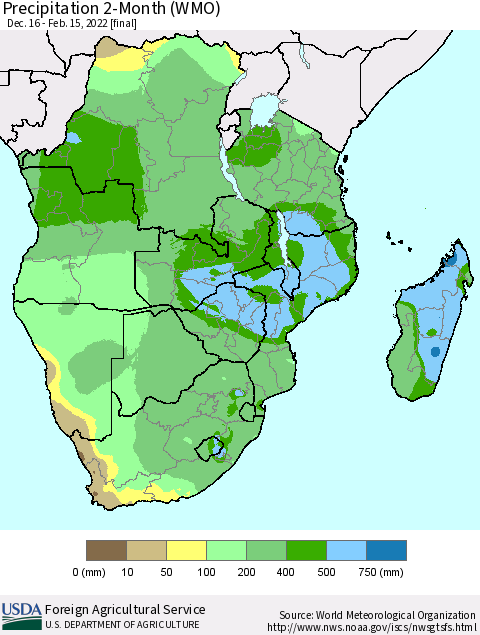 Southern Africa Precipitation 2-Month (WMO) Thematic Map For 12/16/2021 - 2/15/2022