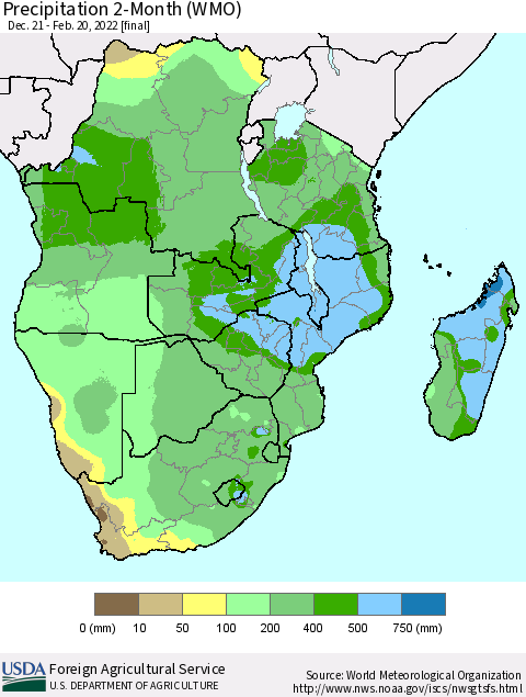 Southern Africa Precipitation 2-Month (WMO) Thematic Map For 12/21/2021 - 2/20/2022