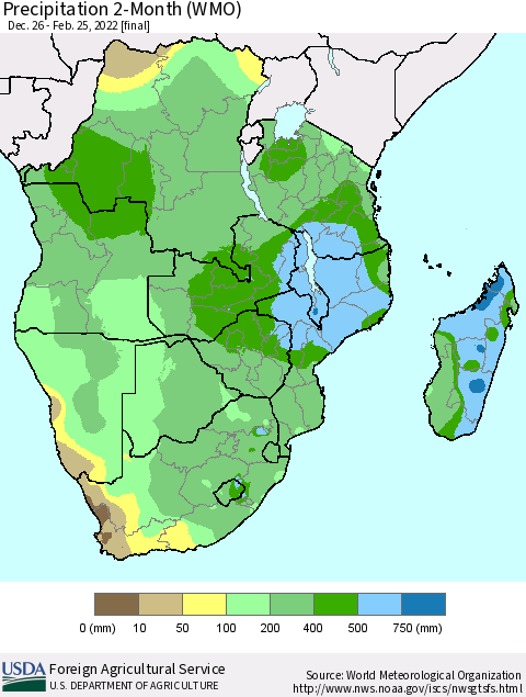 Southern Africa Precipitation 2-Month (WMO) Thematic Map For 12/26/2021 - 2/25/2022