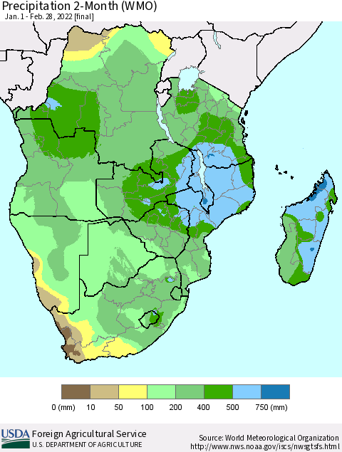 Southern Africa Precipitation 2-Month (WMO) Thematic Map For 1/1/2022 - 2/28/2022