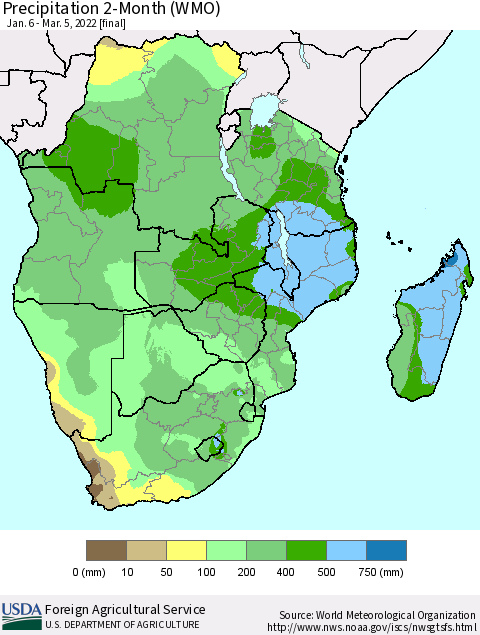 Southern Africa Precipitation 2-Month (WMO) Thematic Map For 1/6/2022 - 3/5/2022
