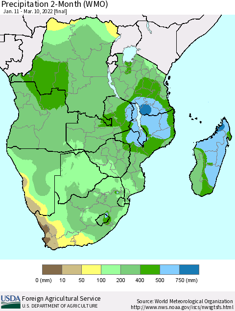 Southern Africa Precipitation 2-Month (WMO) Thematic Map For 1/11/2022 - 3/10/2022