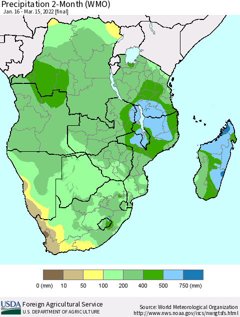 Southern Africa Precipitation 2-Month (WMO) Thematic Map For 1/16/2022 - 3/15/2022