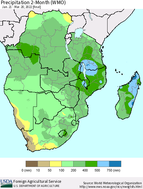 Southern Africa Precipitation 2-Month (WMO) Thematic Map For 1/21/2022 - 3/20/2022