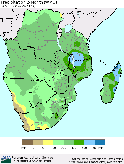 Southern Africa Precipitation 2-Month (WMO) Thematic Map For 1/26/2022 - 3/25/2022