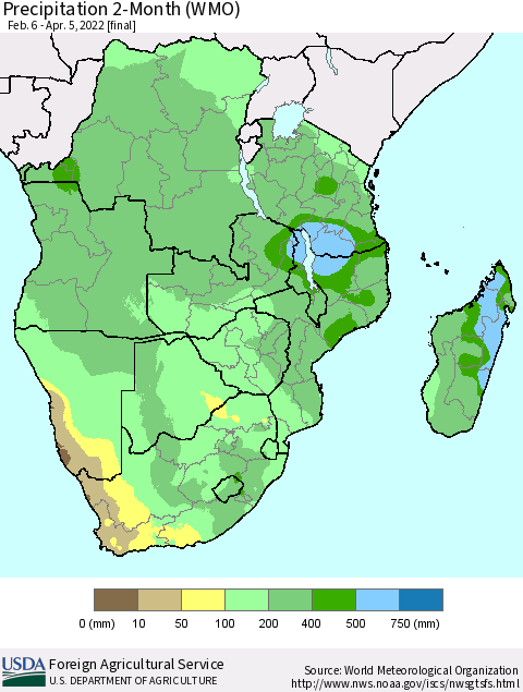 Southern Africa Precipitation 2-Month (WMO) Thematic Map For 2/6/2022 - 4/5/2022